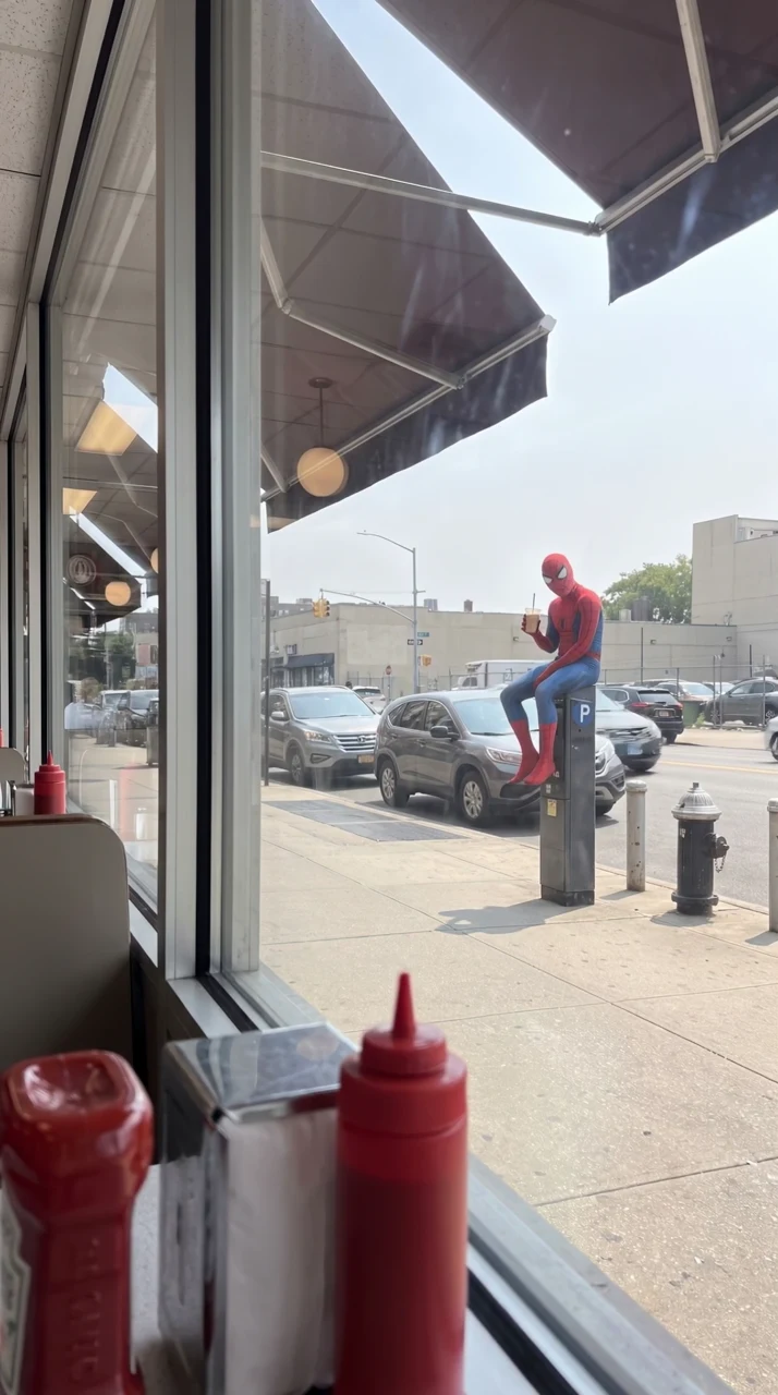 Spider-Man — Spider-Man moves through everyday scenes in New York.